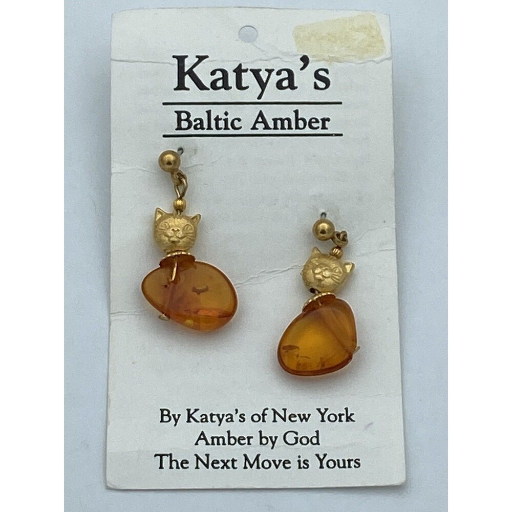 Katya's Vintage Genuine Baltic Amber Cat Earrings Gold Tone Cats